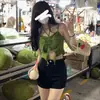 Sentido del diseño falso dos piezas tirante halter con cordón plisado ropa de verano para niña top sexy de color sólido fresco