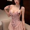 Lencería Roja Sexy Nueva con Tirantes, Bordado, Corte Ajustado, Malla Floral Fruncida, Con Cordones, Body Ceñido, No Necesita Quitarse