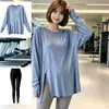 Conjunto de yoga com top de manga longa, duas peças de corte solto, design com fenda, secagem rápida, respirável, plus size, capa fitness modeladora e calça de yoga
