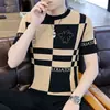 Fabricante de Origen Camiseta de Manga Corta de Seda de Hielo de Verano para Hombre Delgada Trendy Ajustada Tejida Cuello Redondo a Cuadros Casual Sensación Fresca