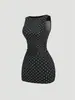Vestido Popular Elegante para Mujer de Estilo Europeo y Americano Transversal sin Mangas Cuello Redondo Ajustado Lunares Cintura Plisada