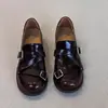 Versão em Couro Macio~Mocassins Femininos Slip-On Bico Redondo com Tira de Fivela e Salto Bloco, Design Britânico em Couro Envernizado com Salto Bloco, Sapatos Pequenos de Couro