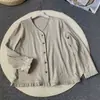 Abrigo de cáñamo para mujer de primavera y otoño, cárdigan suelto de un solo botón, cuello en V, cómodo y transpirable, borde con volantes, adecuado para ir al trabajo y para estar en casa