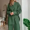 Pijama de Camisa Europeo y Americano de Verano Conjunto de Pantalón Largo Holgado de Crepé de Doble Capa Ropa de Casa a la Moda para Mujer