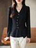 Suéter de Tricô Elegante com Decote V e Manga Longa para Mulheres, Novo Modelo 2026 com Carcela Diagonal, Top de Cor Sólida