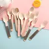 Set de cubiertos de madera desechables ecológicos, incluye tenedores, cucharas y cucharas de postre, apto para helados, pasteles, comidas estilo occidental, fiestas, picnics y comida para llevar