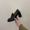 Versión de piel de oveja ~ Zapatos de tacón alto de cuero retro para mujer, mocasines negros de tacón grueso, estilo británico, zapatos para uniforme JK