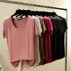 Camiseta base de modal color caramelo estilo coreano, cuello redondo, manga corta, cuello en U grande, camiseta básica holgada para mujer, primavera y verano