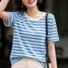 Top básico de punto elástico a rayas de manga corta para mujer, agradable para la piel, adecuado para ir al trabajo, elegante, para el día a día, vintage, cuello redondo, para capas