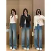 Jeans Meia-Lua DIY! Calças Retas Azul Lavagem Leve com Enzimas Estilo Calça Dupla para Mulheres, Calças de Perna Larga Azul Primavera para Mulheres