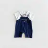 Roupa de Verão para Meninos 2026 Novo Estilo Macacão Bebê com Suspensório Gola Redonda Infantil Verão Casual Patchwork Classe A de Verão