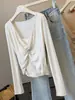 Camiseta Sexy de Cuello en V Retorcido Pure Desire para Mujer Otoño Falsa de Dos Piezas Manga Larga Encaje Patchwork Ajustada Corta Capa Interior Camiseta Base