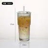 Copo de vidro grande transfronteiriço com listras verticais e padrão de bambu, copo de suco, copo de café, copo de vidro com canudo, copo de água simples e criativo, copo para beber de uso duplo