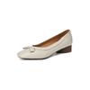 Elegante All-match Texturous Sheepskin Bow 2024 Outono Salto Grosso Salto Baixo Cabeça Quadrada Couro Commuter Boca Rasa Sapatos de Camada Única para Mulheres