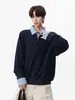 Sudadera de manga larga con solapa de retazos a cuadros estilo Miu, dos piezas falsas, para hombre, otoño, alta inteligencia, holgada