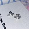 Pendientes de Perla Saturno con Diamantes Completos Aguja de Plata S925 Pendientes Saturno de Zirconia Pendientes Clásicos Incrustados de Zirconia Venta al por Mayor