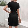 Vestido Estilo Europeo y Americano Bai Fen Zhi Yi, Transfronterizo Dulce y Sencillo, Cuello Redondo, Encaje, Pétalos, Manga Corta, Vestido Camiseta Negro