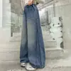 Calças Jeans Femininas Primavera e Outono 2026 Novas Calças Retas Estilosas com Patchwork Calças Largas Médias e Grandes Calças Longas para Meninas