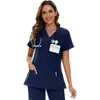 Nuevo Top de Uniforme de Trabajo de Estilo de Comercio Exterior con Cuello en V, Ceñido a la Cintura y Manga Corta para Mujer, Uniforme de Trabajo para Doctor y Enfermera, Bata Quirúrgica, Hecho a Medida