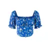 Estilo Europeu e Americano 2026 Verão Nova Roupa Feminina Retrô Francês Gola Quadrada Amarração Mangas Bufantes Curtas Estampa Floral Top de Férias