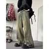 Jeans Anchos Lavados Teñidos de Barro Amarillo Estilo Americano Transfronterizos para Hombre Sueltos High Street Retro Vestir Rectos Casuales Largos