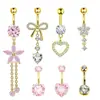 Set de 7 Piezas de Clavos para Ombligo de Acero Inoxidable Transfronterizos con Flor de Melocotón Corazón Incrustados con Circonita Joyería de Piercing Corporal Simple y de Moda Venta al por Mayor