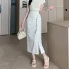 Falda de Traje Recta de Color Albaricoque con Volantes para Mujer, Nuevo Estilo de Verano, Longitud Media, Abertura Lateral, Plisada, Ceñida, Falda Larga
