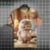 Camiseta com Estampa 3D de Gato Gordo Fofo Moda Verão Manga Curta Streetwear Tendência Casual Solta