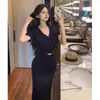 Estilo Nuevo de Verano Cuello de Punto Francés Manga Corta Ceñido al Cuerpo Falda Larga para Mujer Vestido Retro Ajustado