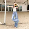 Pantalones de Mezclilla de Pierna Ancha, Holgados, con Caída, Tiro Alto, Rasgados, Texturizados, Versátiles, de Longitud al Suelo, Estilo Retro Moderno Americano, Ajuste Delgado