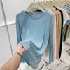 Camisa de proteção solar Lenzing Tencel de gola redonda e corte solto para mulheres, blusa de seda gelada tipo pulôver, camiseta de manga comprida, camada interna fina para ambientes com ar condicionado, seda gelada