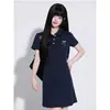 Vestido Gola Polo Canelada 100% Algodão para Mulheres, Camiseta de Comprimento Médio com Manga Curta, Top de Verão com Ajuste na Cintura