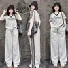 Moda de Verano para Mujer Nuevo Bordado de Letras Cuello en V Manga Corta Pantalones de Rayas Pierna Ancha Conjunto Casual de Dos Piezas Ins