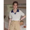 Camiseta de punto de manga corta con cuello camisero retro de color block estilo francés para mujer, polo casual de verano, top elegante y adelgazante