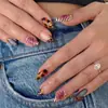 Puntas de Uñas Estilo Francés de 24 Piezas con Forma de Almendra en Colores Contrastantes Rosa y Azul con Estampado de Leopardo y Pedrería Aplicada a Mano, Uñas Artísticas Transfronterizas Más Vendidas