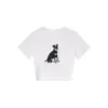 Camiseta Blanca de Manga Corta con Cuello Redondo para Mujer, Nuevo Estilo de Verano con Estampado de Perro, Top Versátil Casual Ajustado