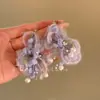 Fogos de Artifício de Névoa Suave~Brincos de Flor de Pelúcia Roxa com Pérolas para Mulheres, Brincos de Estilo Suave, Doces e Únicos, Brincos Super Bonitos