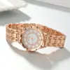 Relógio Tendência Moda Retrô com Pulseira de Aço, Simples Elegante Dourado Feminino, Mostrador Redondo Cheio de Diamantes
