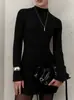Vestido de manga longa com gola semi-alta saia de tricô 2025 primavera comércio exterior temperamento europeu e americano saia evasê divertida