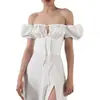 Vestido largo cuadrado de cuello cuadrado con fruncido en la cintura y mangas abullonadas, estampado floral, sin espalda, corte ajustado, sin tirantes y con abertura, estilo francés europeo y americano, para mujer