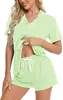 Toma Real de Nuevo Conjunto de Pijama Cardigan de Estilo Europeo y Americano Transfronterizo, Conjunto Casual de Ropa de Casa para Mujer con Solapa, Conjunto de Dos Piezas con Pantalones Cortos y Manga Corta