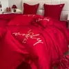 Juego de Cama de Boda de Cuatro Piezas, Algodón Puro de Boda, Sábana de Cama Rojo Brillante para Recién Casados, Funda de Edredón, Ropa de Cama de Boda