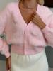 Casaco Cardigan de Tricô Veludo Imitação de Mínk Cor Sólida para Mulheres Outono e Inverno Novo Gola V Solto Moda Manga Longa Top Tendência