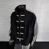Nova jaqueta de botão estilo chinês para homens e mulheres, design de primavera e outono, jaqueta bomber com gola alta e três listras, jaqueta cardigã moderna