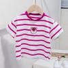 Camiseta de Algodón para Niña Verano Nuevo Estilo Rayas Oso Fresa Bordado Manga Corta Niña Bebé Manga Media Top de Verano para Niños