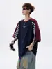 Camiseta Bordada Redonda Estilo Étnico Americano para Homens, Tendência de Primavera Marca Cor Color Block Listrada Manga Curta Casual Retrô Top para Casal