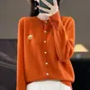 Abrigo Jersey Versátil Manga Larga Cuello Redondo Cardigan de Punto de Terciopelo Andy para Mujer Corte Holgado Bordado de Oso Color Sólido Elegante