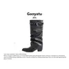 Botas longas femininas de bico fino, modelo novo 2026, salto grosso, preto versátil, fivela de cinto empilhada com rebites plissados, bota calça wide leg