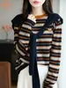 Suéter de Punto de Dos Piezas con Chal para Mujer, Nuevo Diseño Otoñal con Rayas, Elegante Chaqueta Suéter