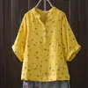 Camisa de Manga Corta con Mangas Murciélago Florales, Doble Capa de Gasa de Algodón, Cuello en V Fresco, Estilo Japonés, para Mujer, Top Casual Retro Artístico